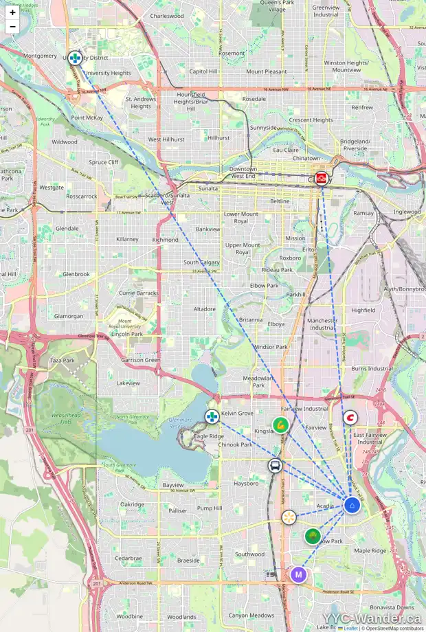 Daily accessibility map for 9436 ALMOND CR SE, Calgary showing nearby schools, grocery stores, parks, LRT stations and nearby amenities