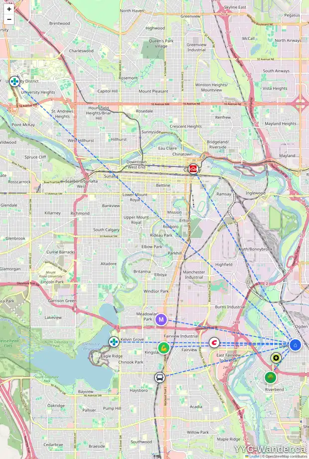 Daily accessibility map for 2224 72 AV SE, Calgary showing nearby schools, grocery stores, parks, LRT stations and nearby amenities