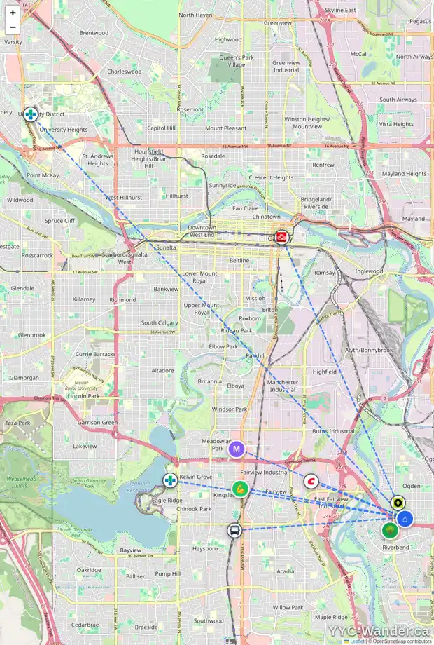 Daily accessibility map for 805 OLYMPIA CR SE, Calgary showing nearby schools, grocery stores, parks, LRT stations and nearby amenities