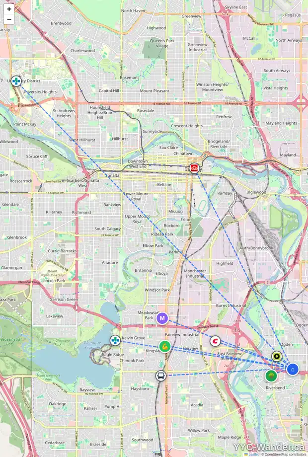 Daily accessibility map for 1613 OLYMPIA DR SE, Calgary showing nearby schools, grocery stores, parks, LRT stations and nearby amenities