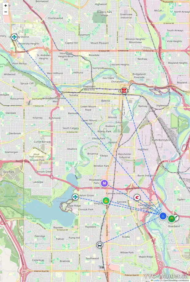 Daily accessibility map for 605 RIVERBEND DR SE, Calgary showing nearby schools, grocery stores, parks, LRT stations and nearby amenities