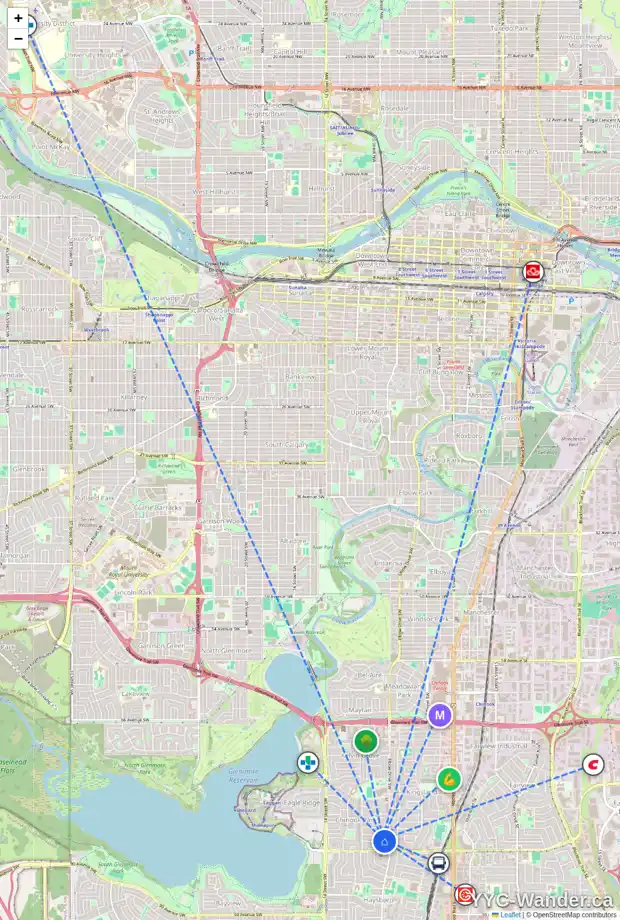 Daily accessibility map for 82 CHINOOK DR SW, Calgary showing nearby schools, grocery stores, parks, LRT stations and nearby amenities