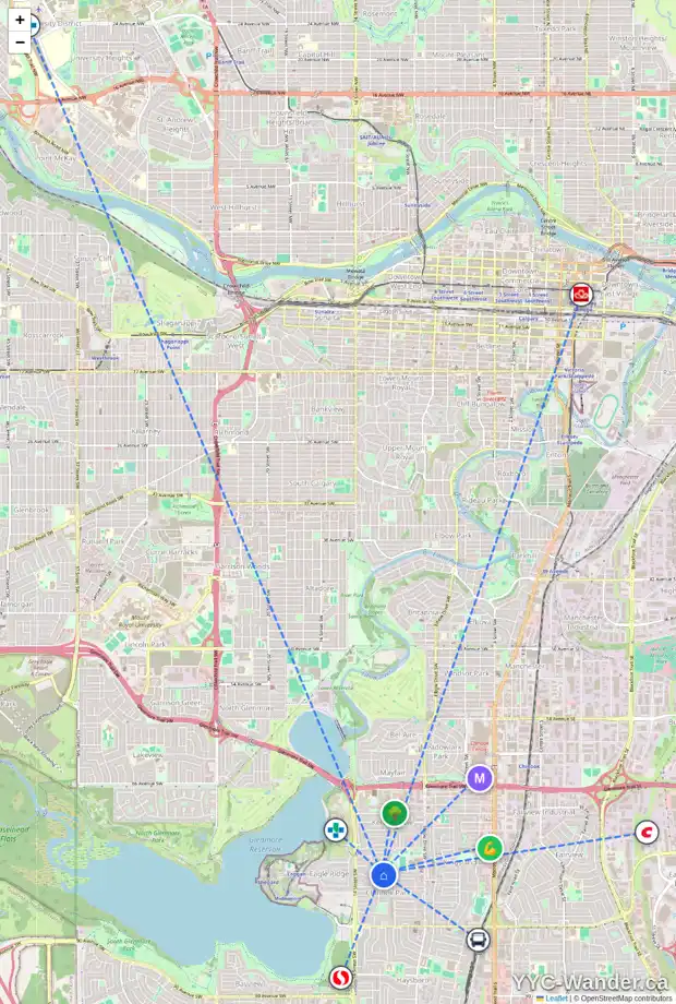 Daily accessibility map for 7812 CHURCHILL DR SW, Calgary showing nearby schools, grocery stores, parks, LRT stations and nearby amenities