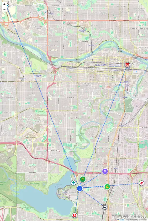 Daily accessibility map for 1420 75 AV SW, Calgary showing nearby schools, grocery stores, parks, LRT stations and nearby amenities