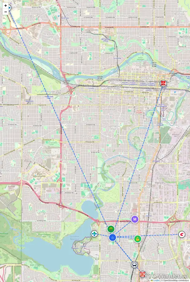 Daily accessibility map for 1044 KERFOOT CR SW, Calgary showing nearby schools, grocery stores, parks, LRT stations and nearby amenities
