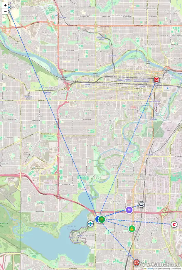 Daily accessibility map for 6912 KENT PL SW, Calgary showing nearby schools, grocery stores, parks, LRT stations and nearby amenities