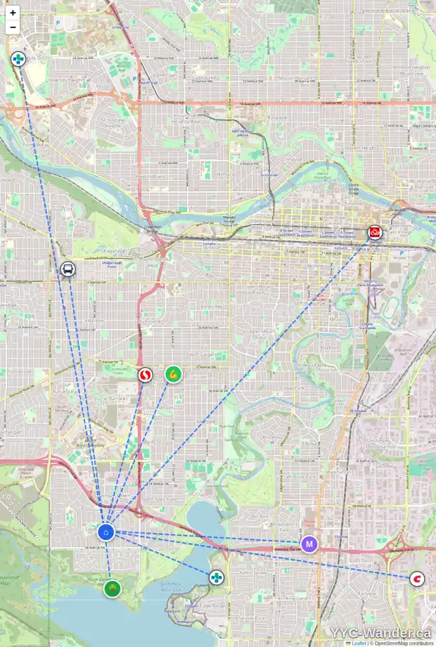 Daily accessibility map for 3011 63 AV SW, Calgary showing nearby schools, grocery stores, parks, LRT stations and nearby amenities