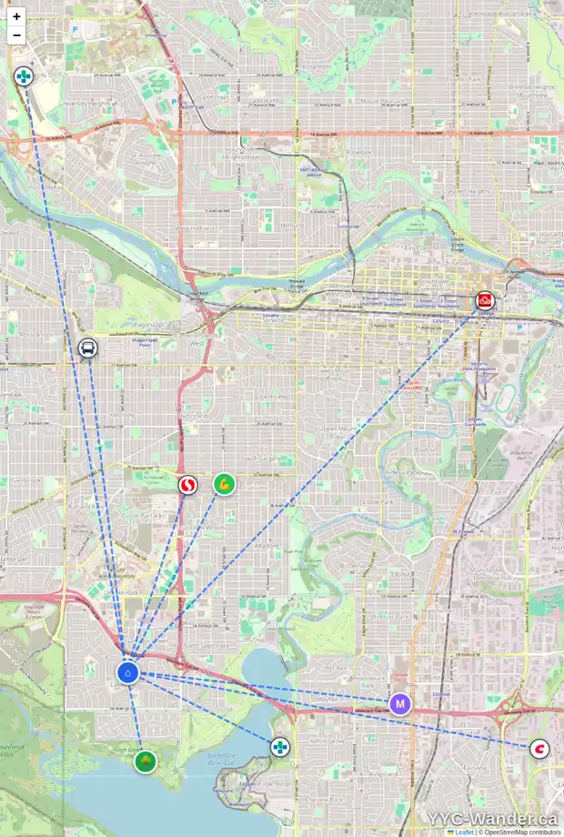 Daily accessibility map for 3153 LEDUC CR SW, Calgary showing nearby schools, grocery stores, parks, LRT stations and nearby amenities
