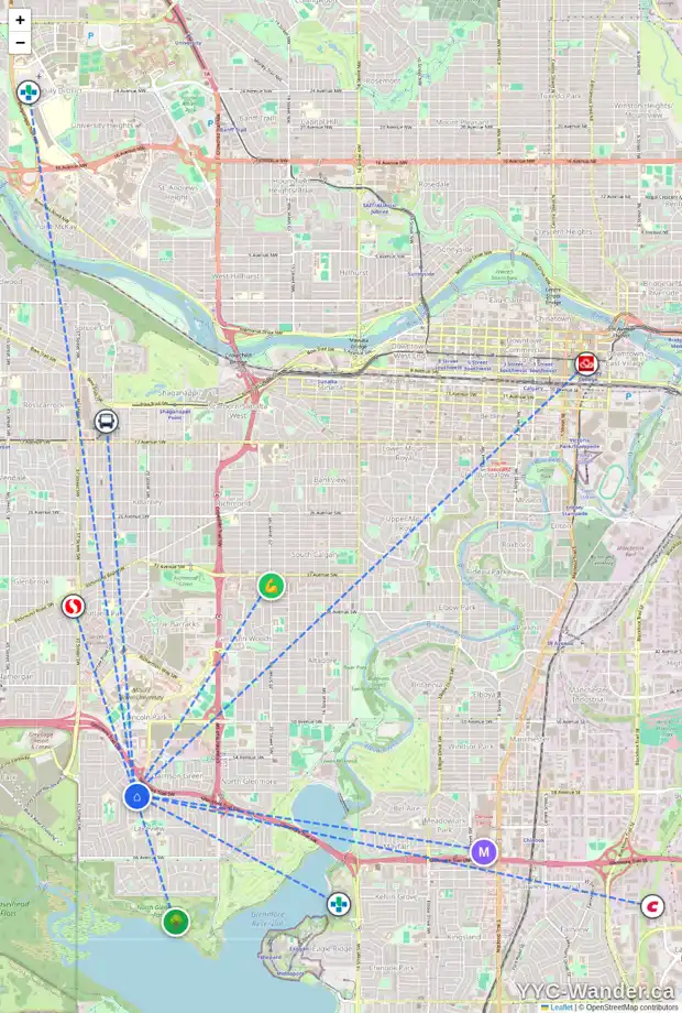 Daily accessibility map for 6027 LOCKINVAR RD SW, Calgary showing nearby schools, grocery stores, parks, LRT stations and nearby amenities