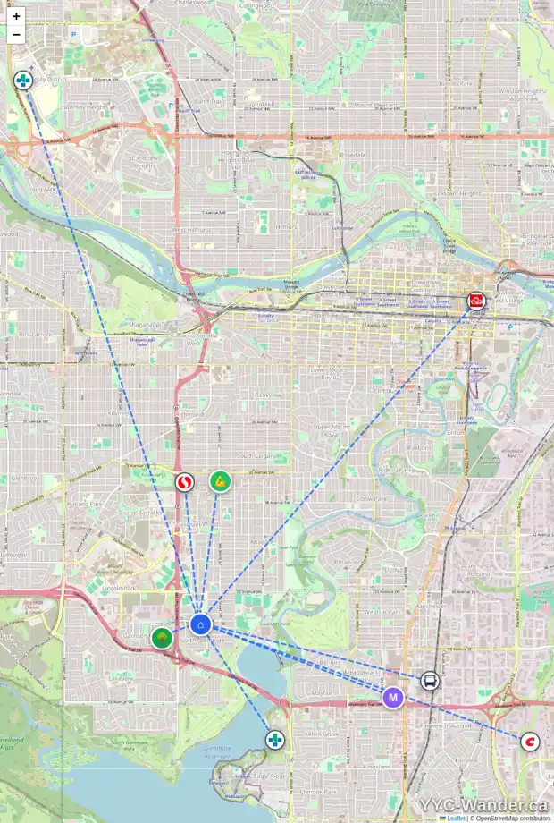 Daily accessibility map for 2327 54 AV SW, Calgary showing nearby schools, grocery stores, parks, LRT stations and nearby amenities