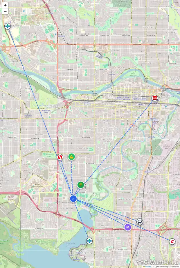 Daily accessibility map for 2035 52 AV SW, Calgary showing nearby schools, grocery stores, parks, LRT stations and nearby amenities
