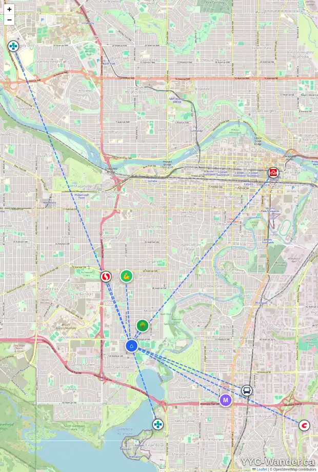 Daily accessibility map for 2021 51 AV SW, Calgary showing nearby schools, grocery stores, parks, LRT stations and nearby amenities