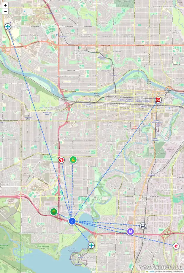 Daily accessibility map for 2116 LANGRIVILLE DR SW, Calgary showing nearby schools, grocery stores, parks, LRT stations and nearby amenities