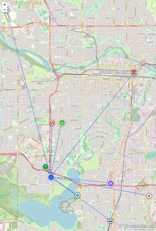 Daily accessibility map for 6312 CROWCHILD TR SW, Calgary showing nearby schools, grocery stores, parks, LRT stations and nearby amenities