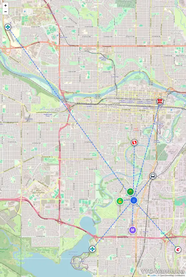 Daily accessibility map for 429 50 AV SW, Calgary showing nearby schools, grocery stores, parks, LRT stations and nearby amenities