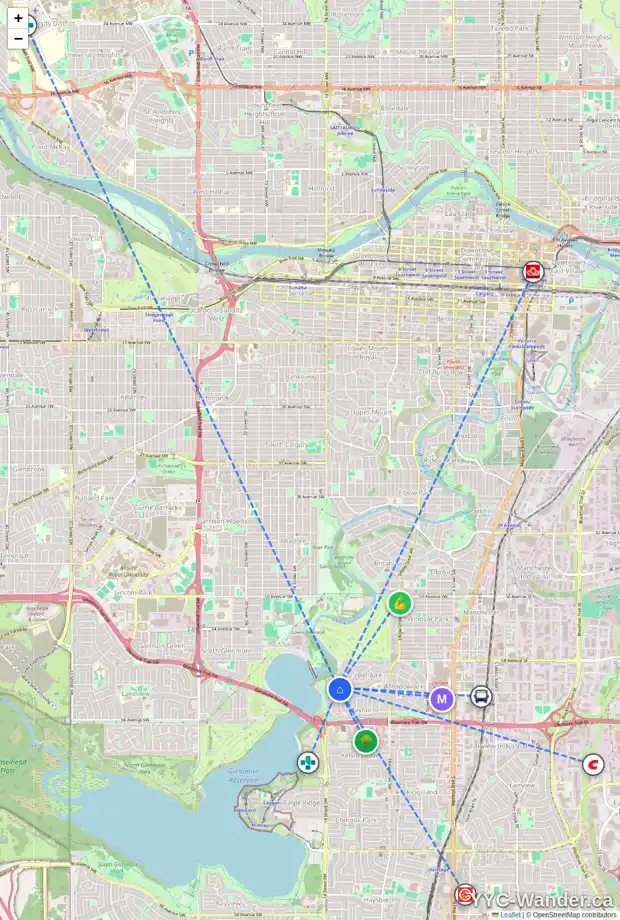 Daily accessibility map for 1412 BEVERLEY PL SW, Calgary showing nearby schools, grocery stores, parks, LRT stations and nearby amenities