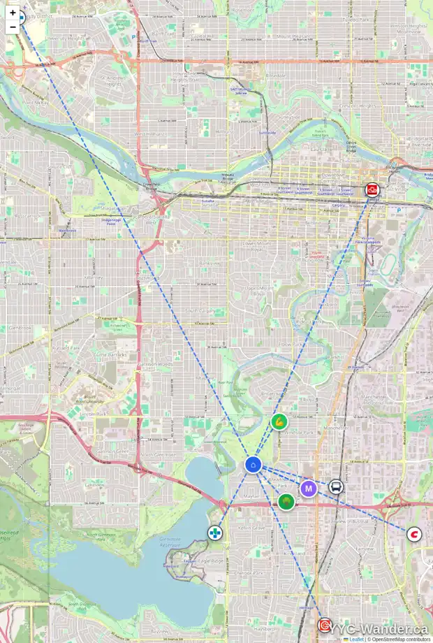 Daily accessibility map for 1216 BELAVISTA CR SW, Calgary showing nearby schools, grocery stores, parks, LRT stations and nearby amenities