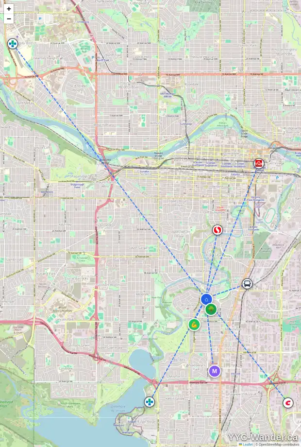 Daily accessibility map for 601 MADISON AV SW, Calgary showing nearby schools, grocery stores, parks, LRT stations and nearby amenities
