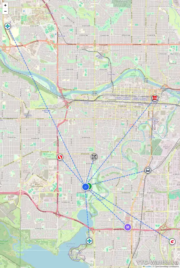 Daily accessibility map for 4803 16 ST SW, Calgary showing nearby schools, grocery stores, parks, LRT stations and nearby amenities