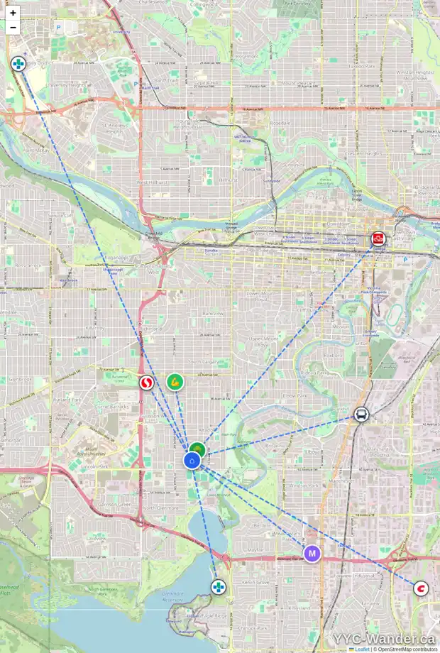 Daily accessibility map for 1931 48 AV SW, Calgary showing nearby schools, grocery stores, parks, LRT stations and nearby amenities