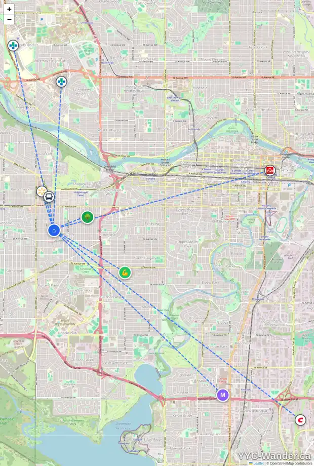 Daily accessibility map for 2414 33 ST SW, Calgary showing nearby schools, grocery stores, parks, LRT stations and nearby amenities