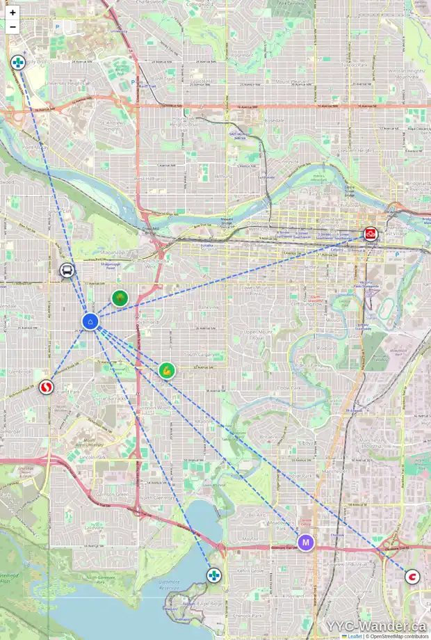 Daily accessibility map for 3014 25 AV SW, Calgary showing nearby schools, grocery stores, parks, LRT stations and nearby amenities