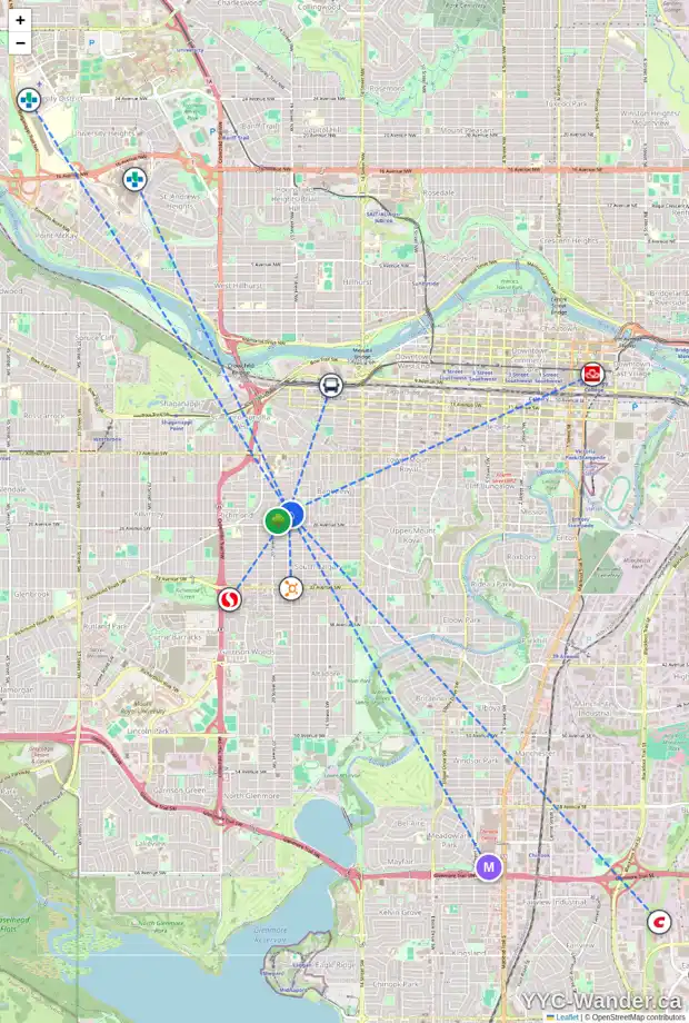 Daily accessibility map for 2536 19A ST SW, Calgary showing nearby schools, grocery stores, parks, LRT stations and nearby amenities