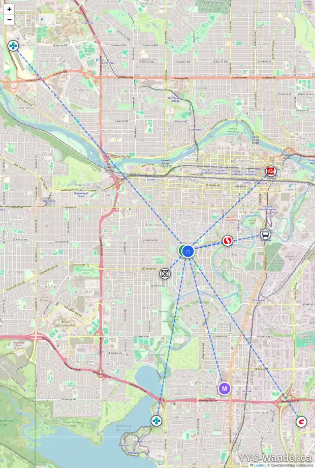 Daily accessibility map for 2910 10 ST SW, Calgary showing nearby schools, grocery stores, parks, LRT stations and nearby amenities