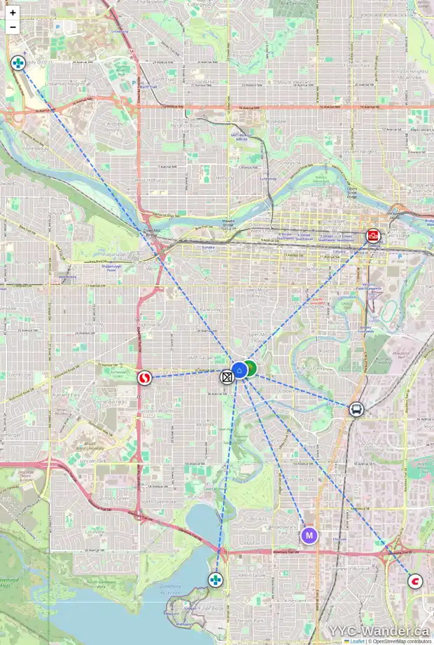 Daily accessibility map for 3229 VERCHERES ST SW, Calgary showing nearby schools, grocery stores, parks, LRT stations and nearby amenities