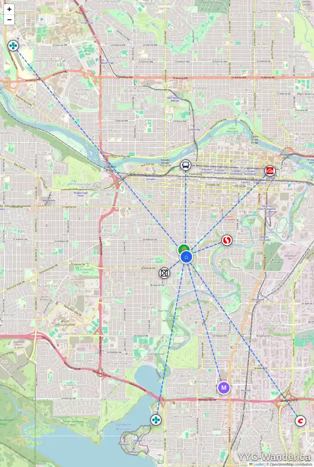 Daily accessibility map for 3010 10 ST SW, Calgary showing nearby schools, grocery stores, parks, LRT stations and nearby amenities