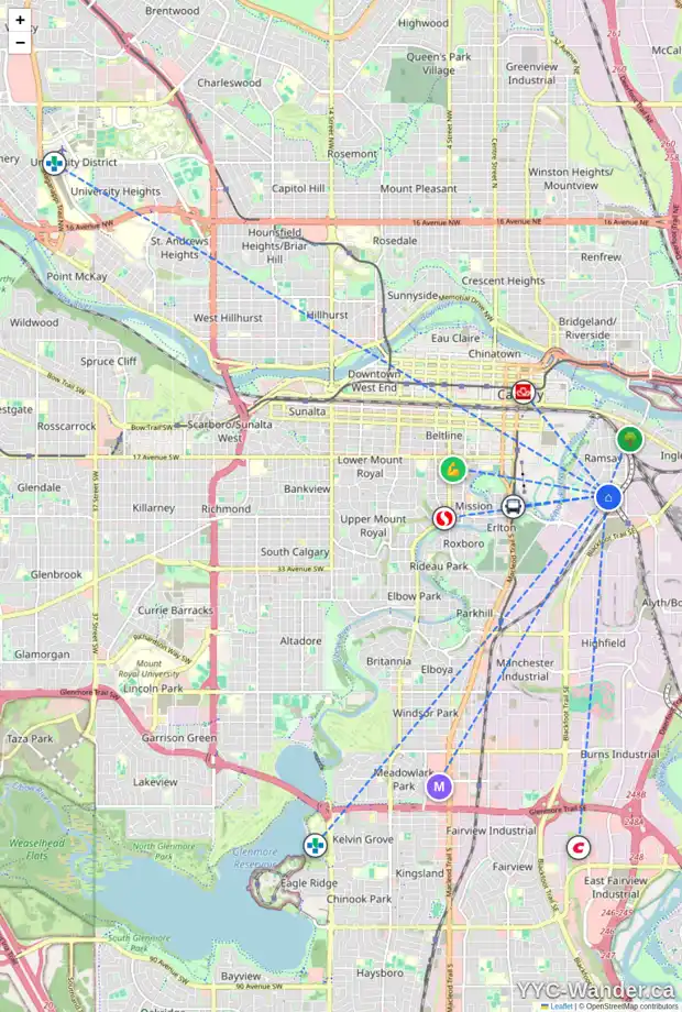 Daily accessibility map for 2222 8 ST SE, Calgary showing nearby schools, grocery stores, parks, LRT stations and nearby amenities