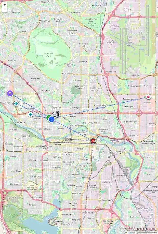 Daily accessibility map for 1222 20 ST NW, Calgary showing nearby schools, grocery stores, parks, LRT stations and nearby amenities