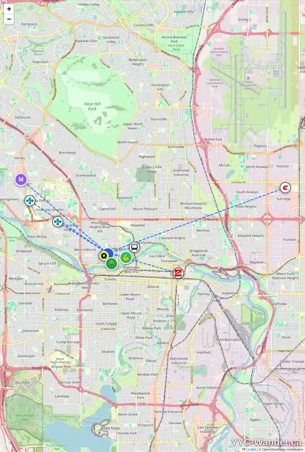 Daily accessibility map for 1766 1 AV NW, Calgary showing nearby schools, grocery stores, parks, LRT stations and nearby amenities