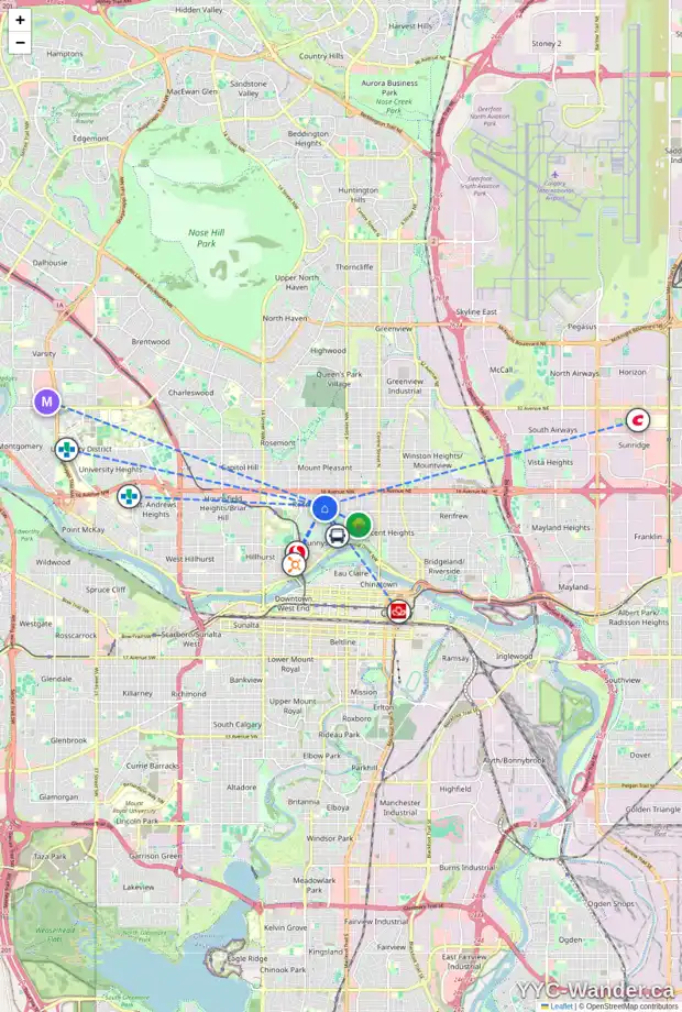 Daily accessibility map for 1410 7 ST NW, Calgary showing nearby schools, grocery stores, parks, LRT stations and nearby amenities