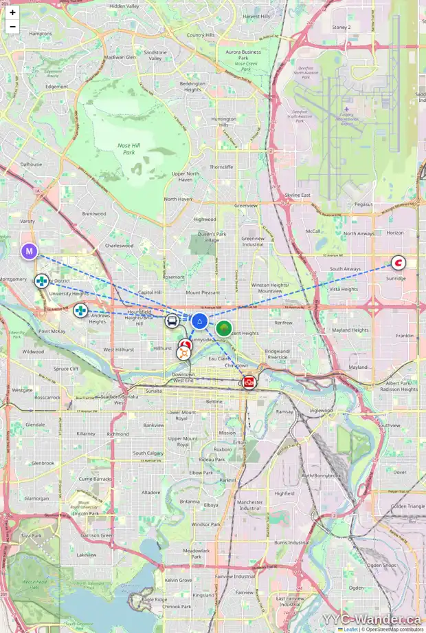Daily accessibility map for 1332 7A ST NW, Calgary showing nearby schools, grocery stores, parks, LRT stations and nearby amenities