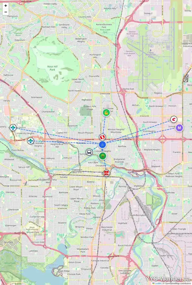 Daily accessibility map for 111 13 AV NE, Calgary showing nearby schools, grocery stores, parks, LRT stations and nearby amenities