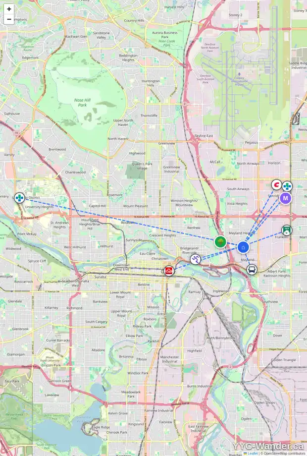 Daily accessibility map for 1939 MATHESON DR NE, Calgary showing nearby schools, grocery stores, parks, LRT stations and nearby amenities