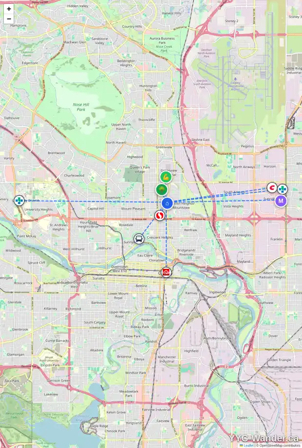 Daily accessibility map for 254 23 AV NE, Calgary showing nearby schools, grocery stores, parks, LRT stations and nearby amenities