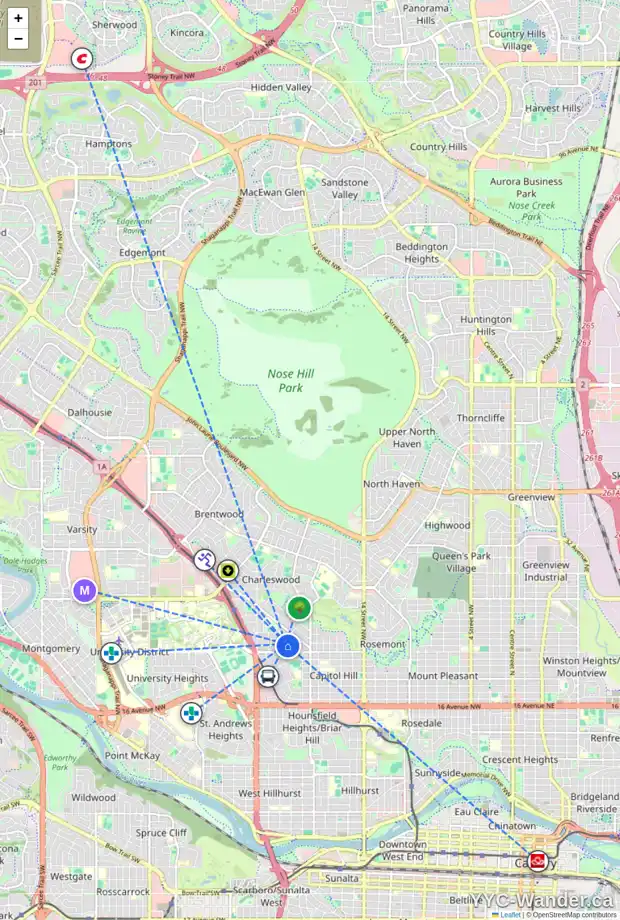 Daily accessibility map for 2220 25 AV NW, Calgary showing nearby schools, grocery stores, parks, LRT stations and nearby amenities