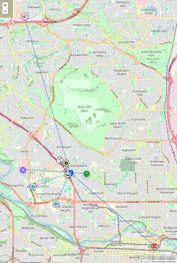 Daily accessibility map for 3224 CASTLE RD NW, Calgary showing nearby schools, grocery stores, parks, LRT stations and nearby amenities