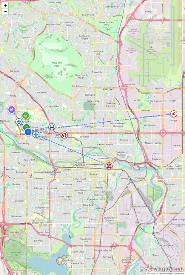 Daily accessibility map for 3611 UTAH DR NW, Calgary showing nearby schools, grocery stores, parks, LRT stations and nearby amenities