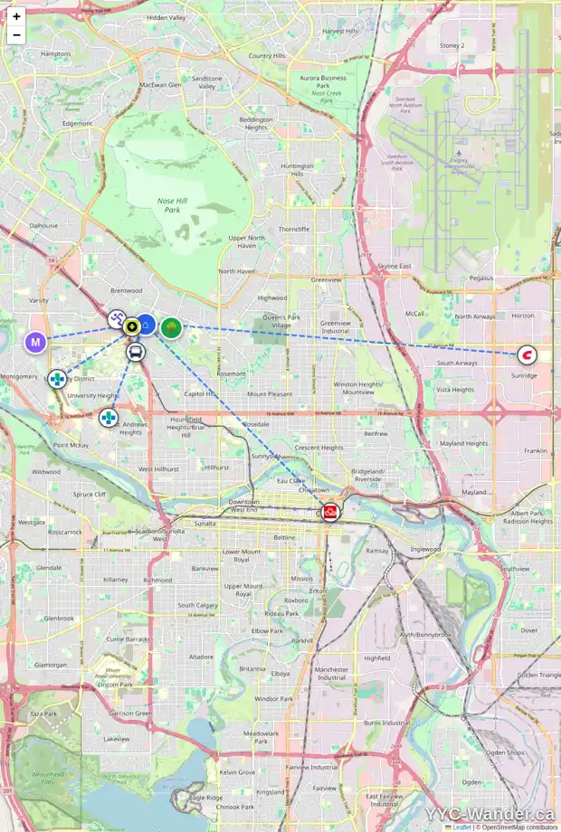 Daily accessibility map for 2548 CHICOUTIMI DR NW, Calgary showing nearby schools, grocery stores, parks, LRT stations and nearby amenities