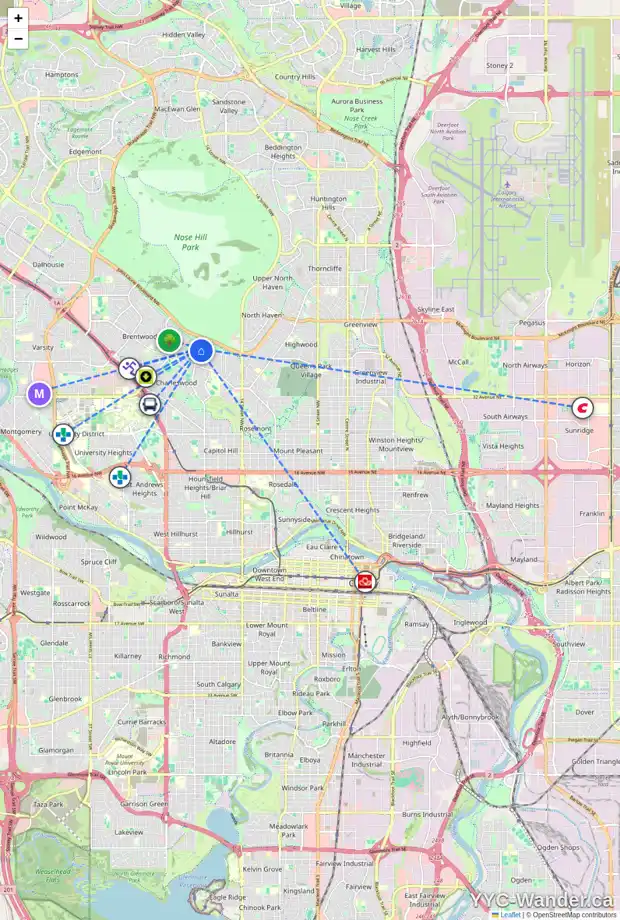 Daily accessibility map for 4319 19 ST NW, Calgary showing nearby schools, grocery stores, parks, LRT stations and nearby amenities