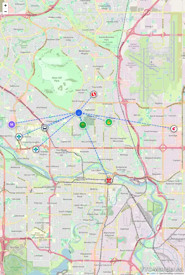 Daily accessibility map for 1235 40 AV NW, Calgary showing nearby schools, grocery stores, parks, LRT stations and nearby amenities