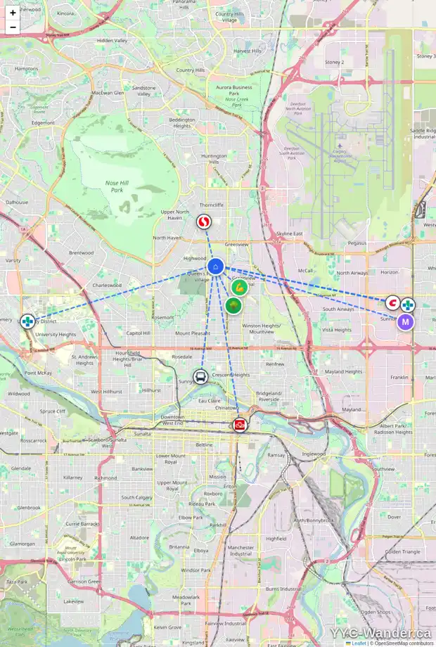 Daily accessibility map for 4203 2 ST NW, Calgary showing nearby schools, grocery stores, parks, LRT stations and nearby amenities