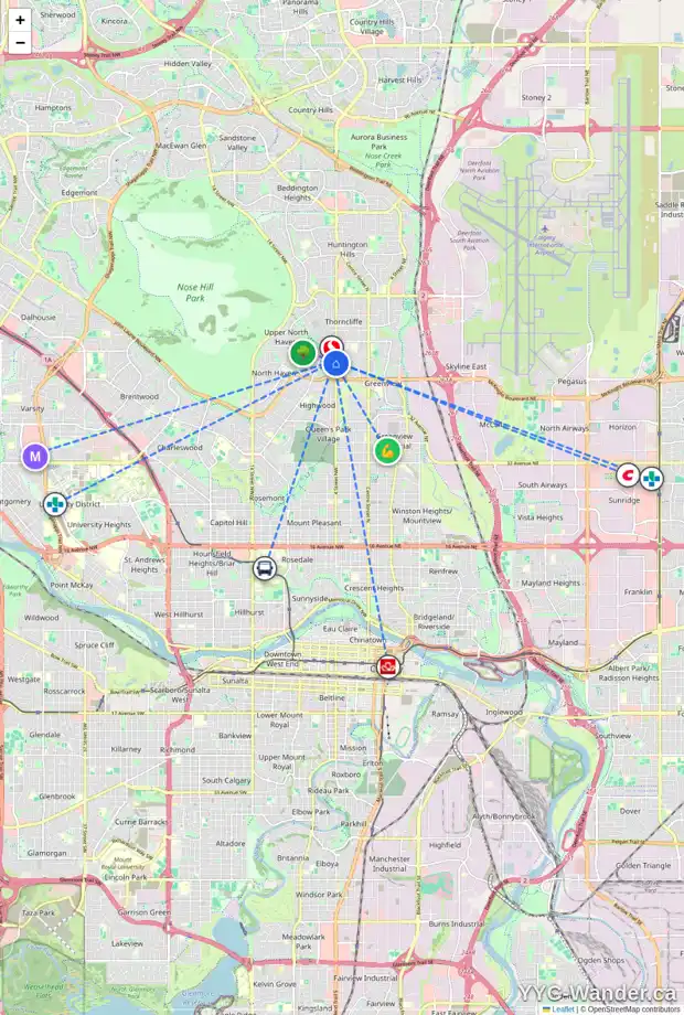 Daily accessibility map for 508 TRAFFORD DR NW, Calgary showing nearby schools, grocery stores, parks, LRT stations and nearby amenities