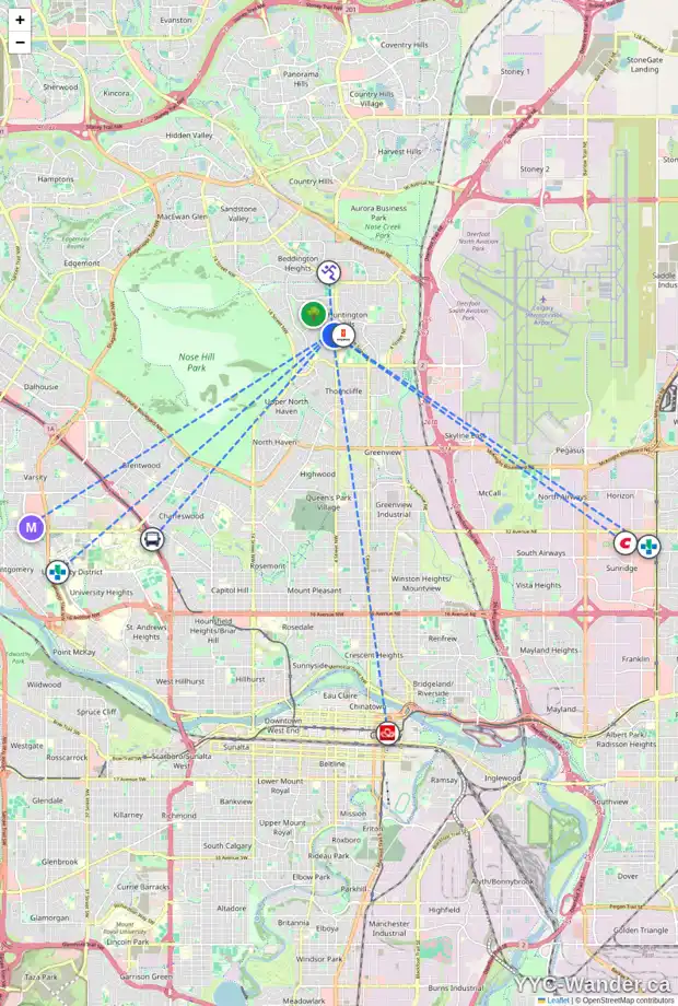 Daily accessibility map for 7116 5 ST NW, Calgary showing nearby schools, grocery stores, parks, LRT stations and nearby amenities