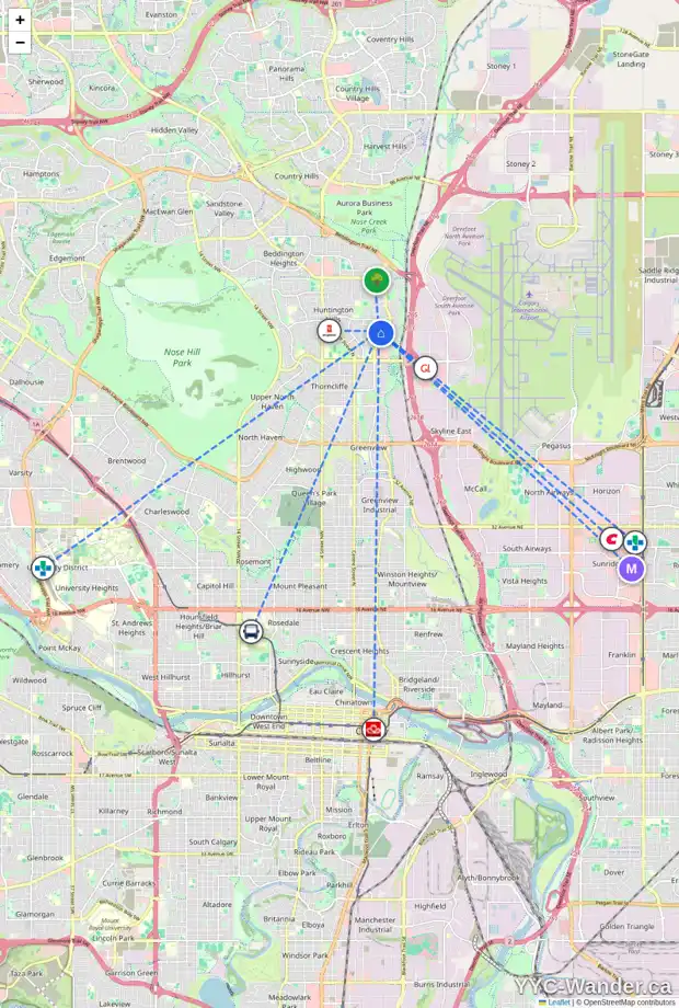 Daily accessibility map for 35 HUNTMEADOW RD NE, Calgary showing nearby schools, grocery stores, parks, LRT stations and nearby amenities