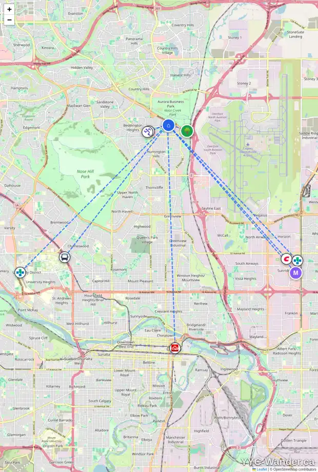 Daily accessibility map for 56 BEDFORD CI NE, Calgary showing nearby schools, grocery stores, parks, LRT stations and nearby amenities