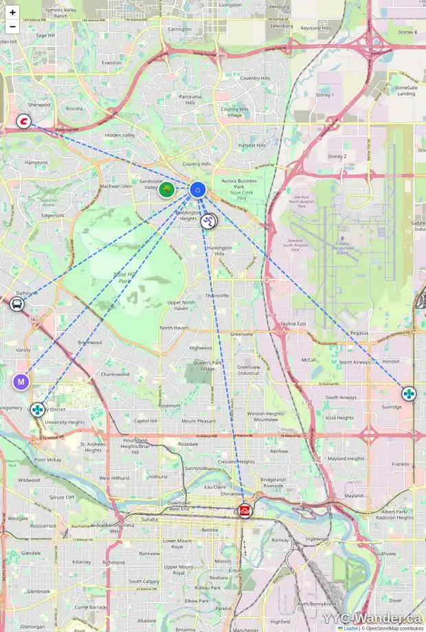 Daily accessibility map for 32 BERNARD RD NW, Calgary showing nearby schools, grocery stores, parks, LRT stations and nearby amenities